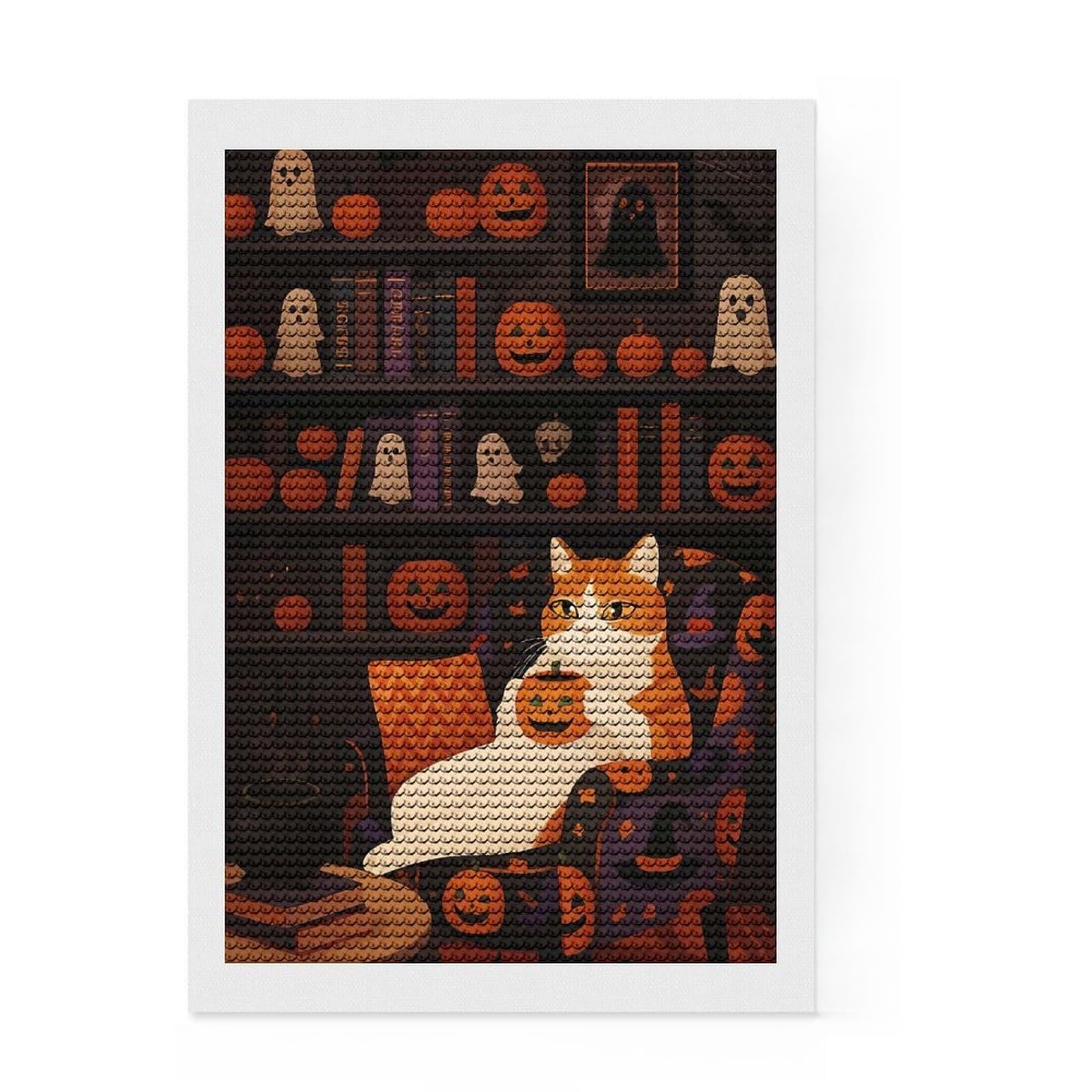 Junmoney Halloween Cat Pumpkin Diamond Painting Set 8"x12", Aesthetic Room Decor, Vintage Style Decor, Creative Hobby, Decorative Artwork