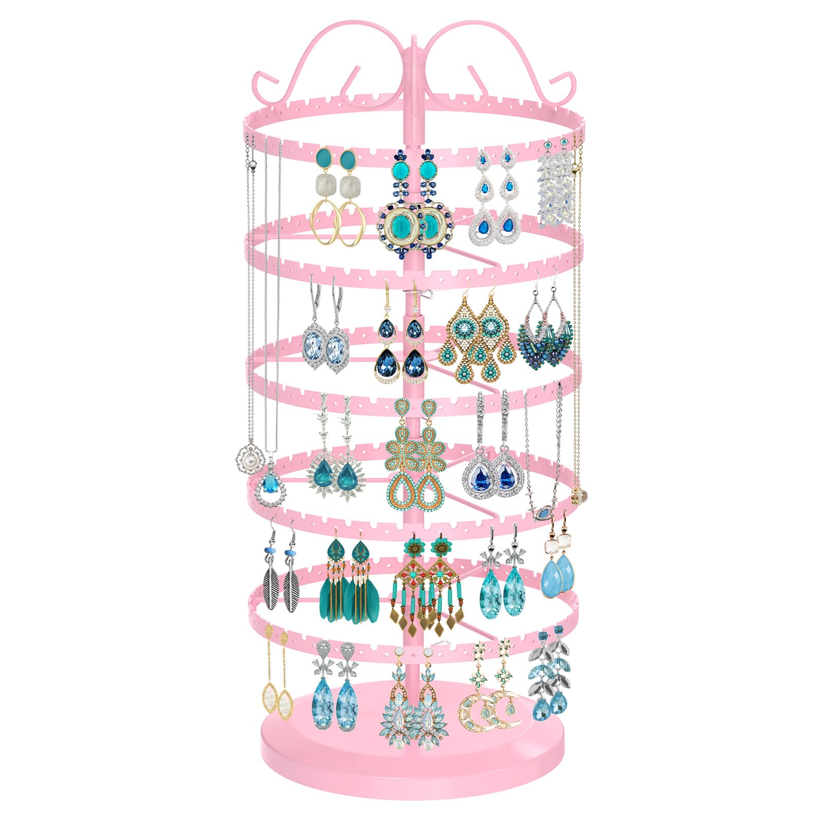 MODOWEY5 Tier Metal Rotating Earring Holder Organizer Stand Adjustable Display Tree Rack for Women Girl, 400 Holes and Grooves Large Storage for Stud Dangle Hoop, Perfect Fit for Small Space(Pink)