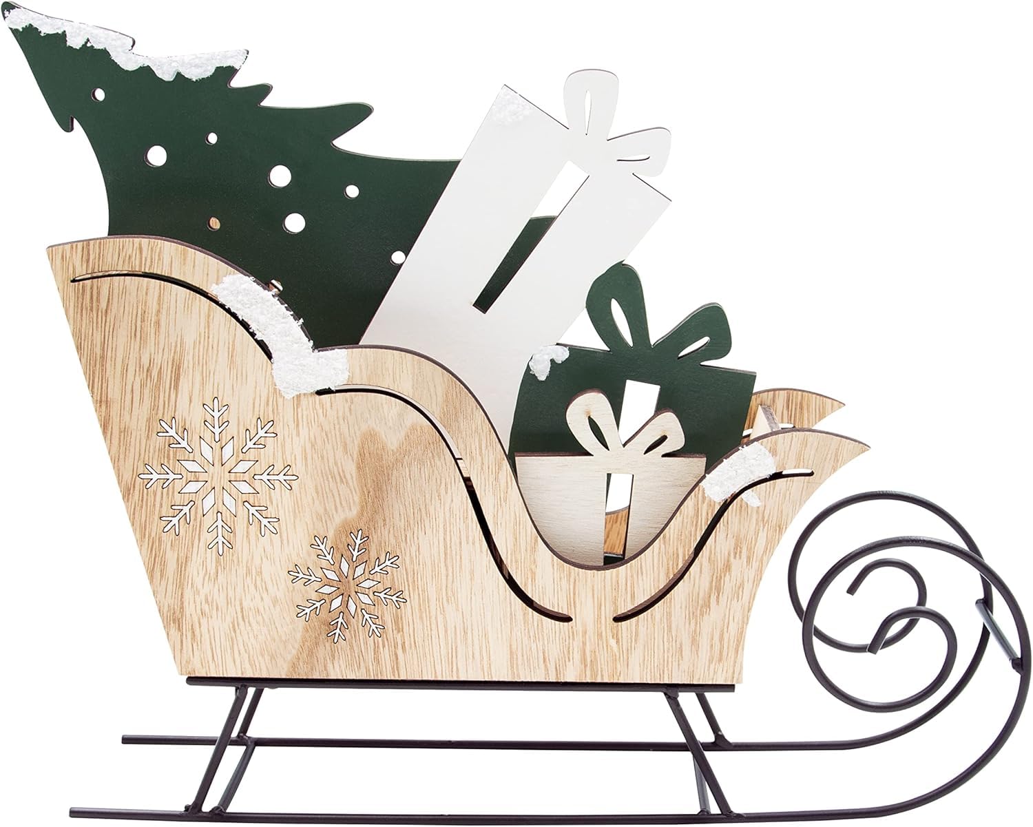 Kware Natural Wood, Green, White Christmas Frosted Wooden Sleigh Ornament/Hand Crafted Santa Father Christmas Sleigh Christmas Decoration