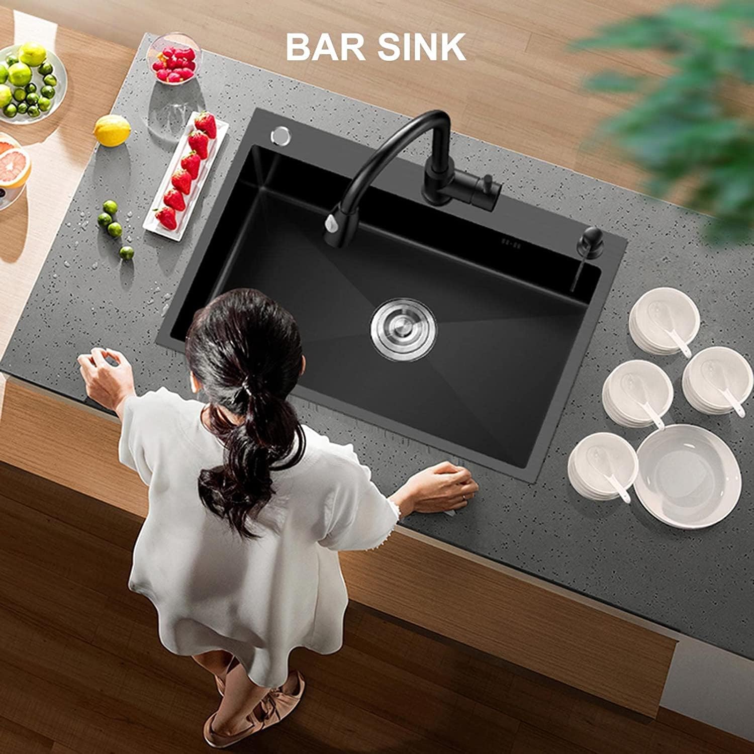 ,Stainless Steel Household with Drain Hole Bar Prep Square with Pull-Out Faucet Stainless Steel Household with Drain Hole Black Grey Thickened 304 Stainless,60x45cm