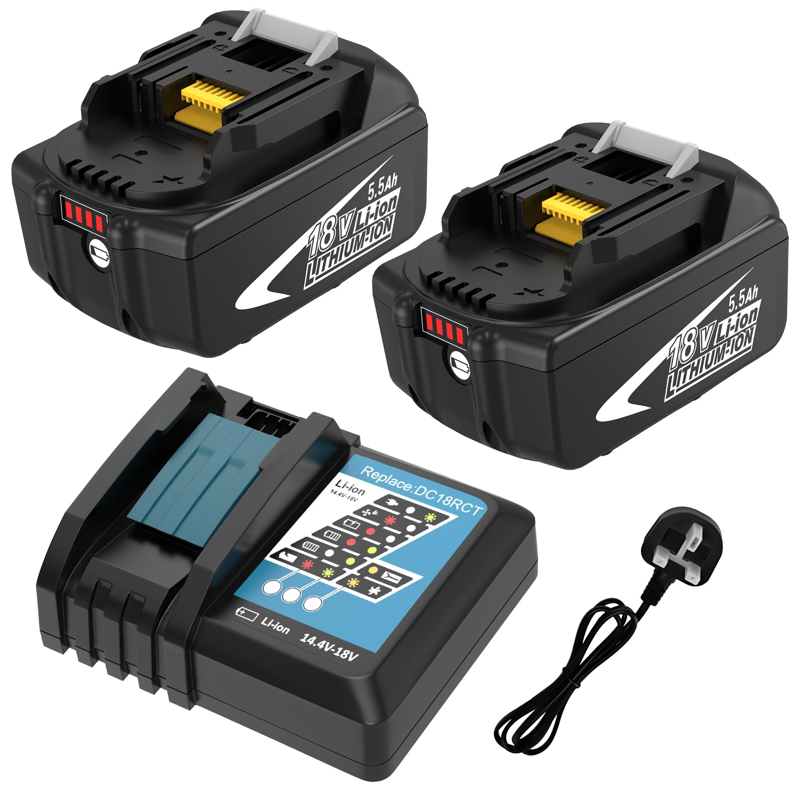 2Packs 18V 5.5Ah Replacement for Makita Battery + 3A DC18RCT Charger