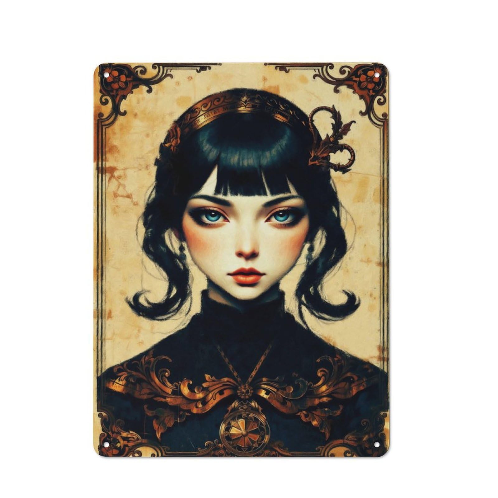 Junmoney Portrait Of A Woman With Ornamentation Vintage Tin Sign 40X30cm Featuring For Workshop Wall, Gift For Metal Sign Collectors During The Christmas Season