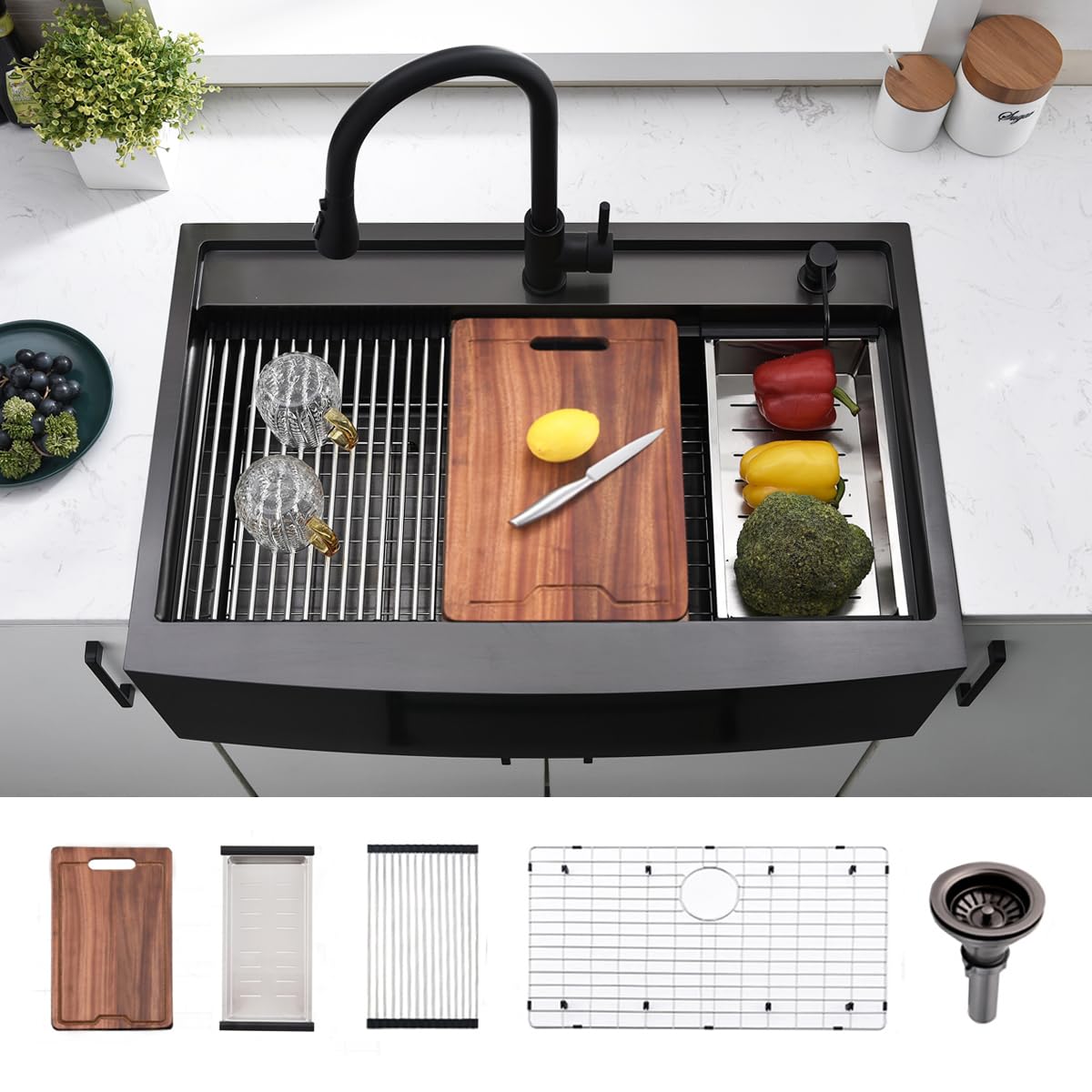 33 Inch Farmhouse Kitchen Sink Splash Guard Workstation Black- VOKIM 33x22Inch Apron Front Workstation Farmhouse Sink Stainless Steel 16 Gauge Single Bowl Gunmetal Matte Black Farm Sink