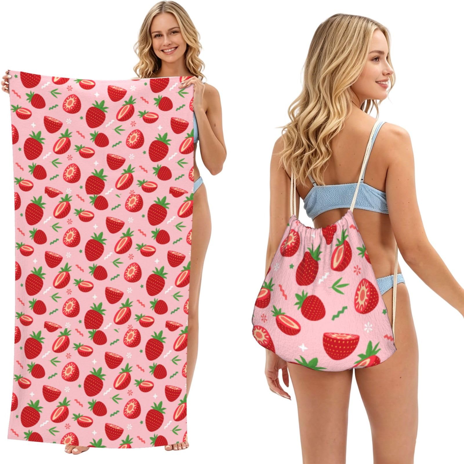 Poadnly Strawberry On Pink, 2 in 1 Packable Towel Bag, Beach Towels with Drawstring Backpack for Travel Holiday Camping