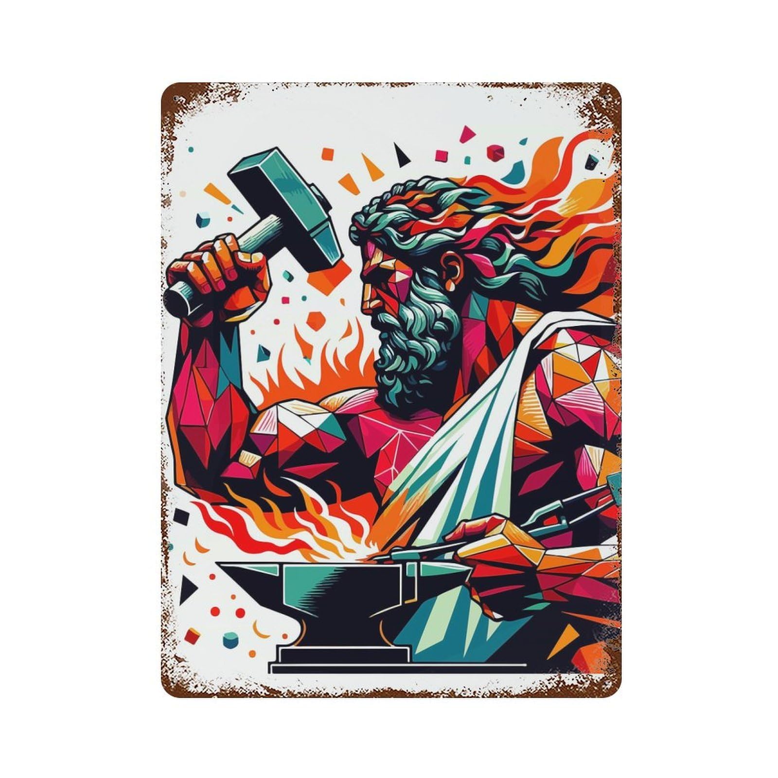 Hephaistos God of Fire 15.7"x11.8" Rustic Tin Plaque, Retro Wall Decor for Garage, Bar And Workshop Decor