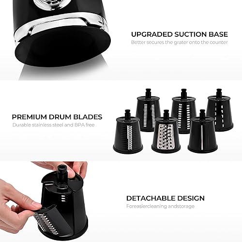 Miniatura 5 de SUSTEAS Rallador rotativo de queso con asa, cortador de verduras con 6 cuchillas intercambiables, succión reforzada, fácil de limpiar, trituradora