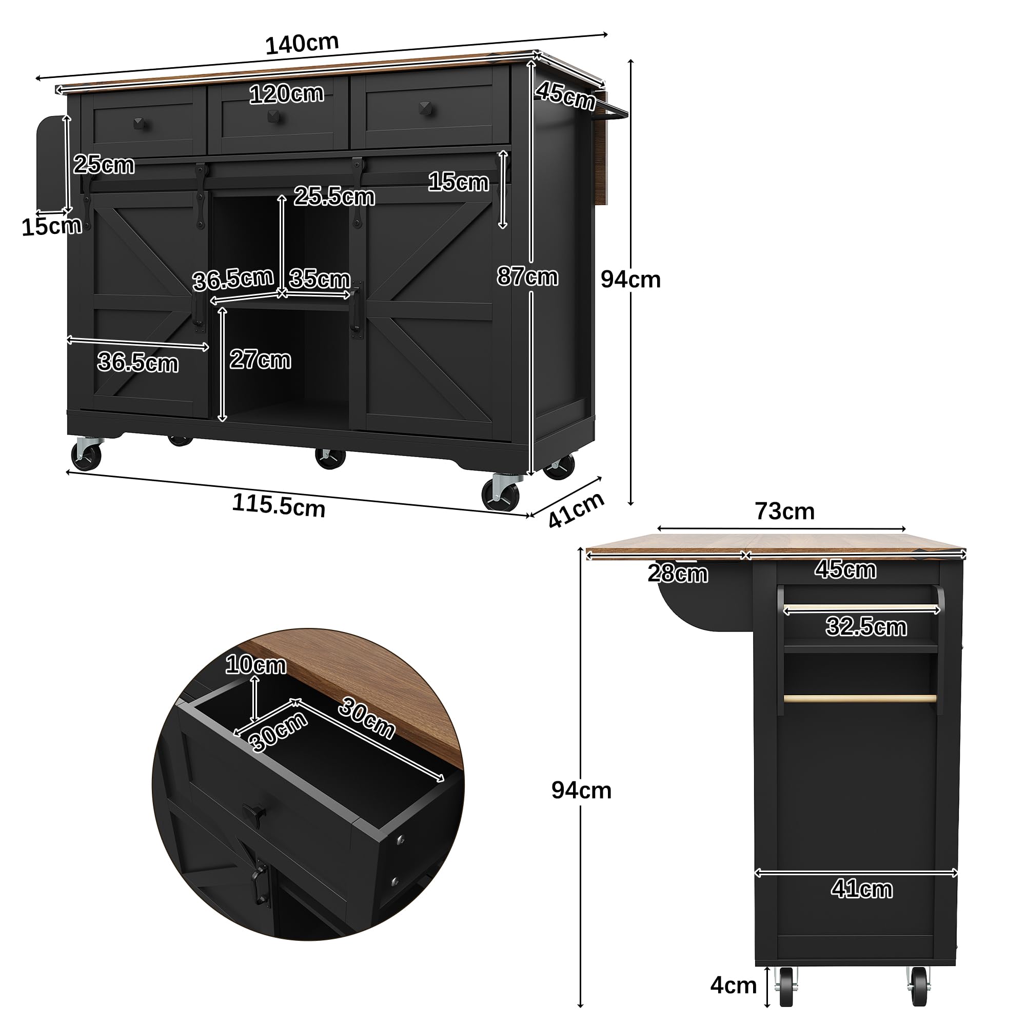 Merax Kücheninsel mit klappbarer Arbeitsplatte, Küchenwagen auf Rollen, Küchenschrank mit Schiebetüren, Servierwagen Holzoptik, mobiler Esstisch ausziehbar, Schwarz, 140x45-73x94 cm