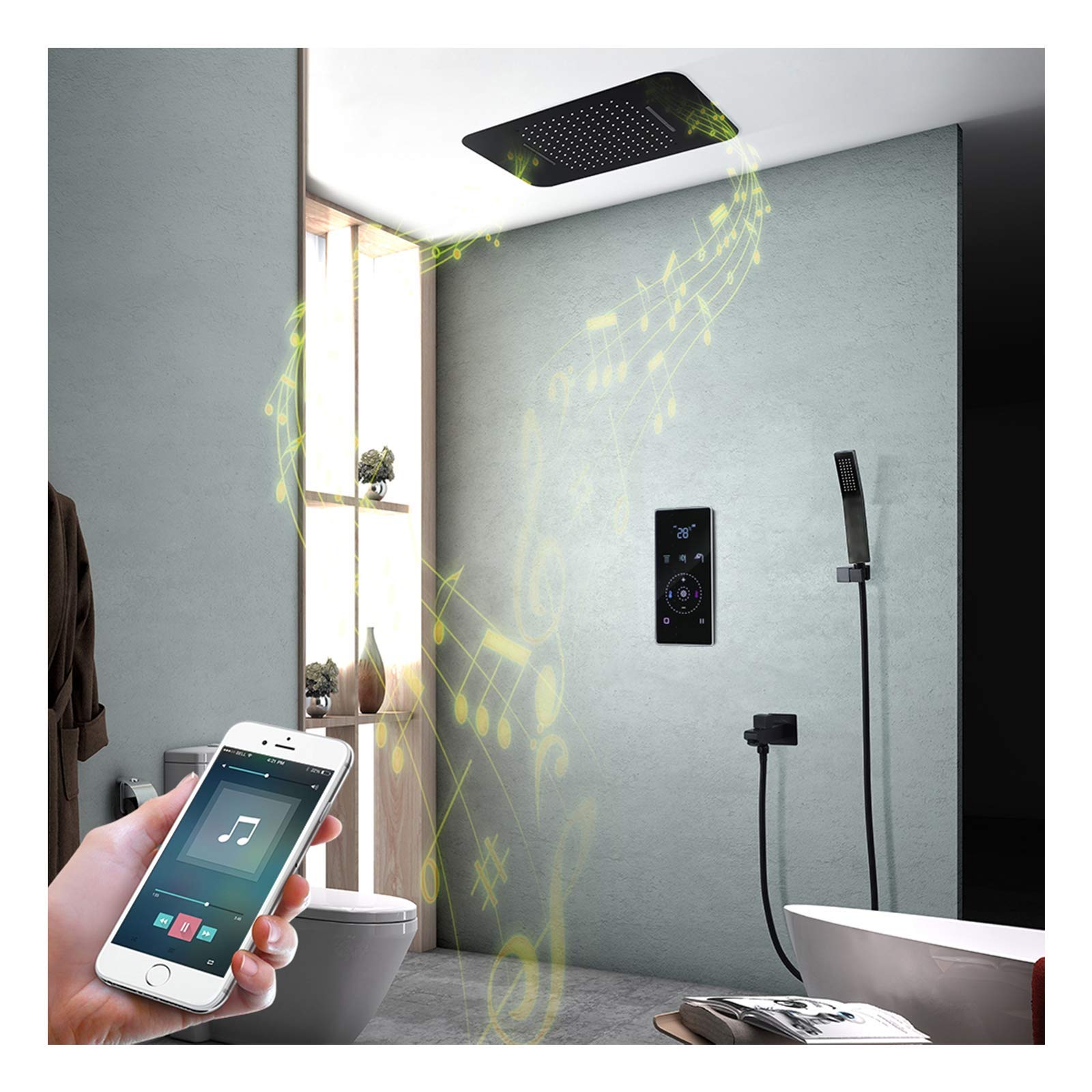 Sistema doccia musicale a 64 colori LED, set di rubinetto per doccia nero con soffione da 580 mm x 380 mm, doccetta a mano, rubinetto per vasca da bagno, valvola doccia intelligente, controllo del