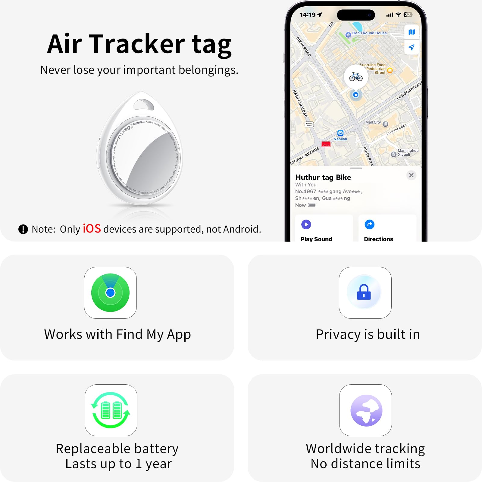 Air Tracker Tag, Smart Tracker Funziona con Apple Dov'è App (solo iOS), Oggetti, Localizzatore per Chiavi/Bagagli/Valigie/Portafogli, ​Bianco Oyster (Confezione da 4)​​