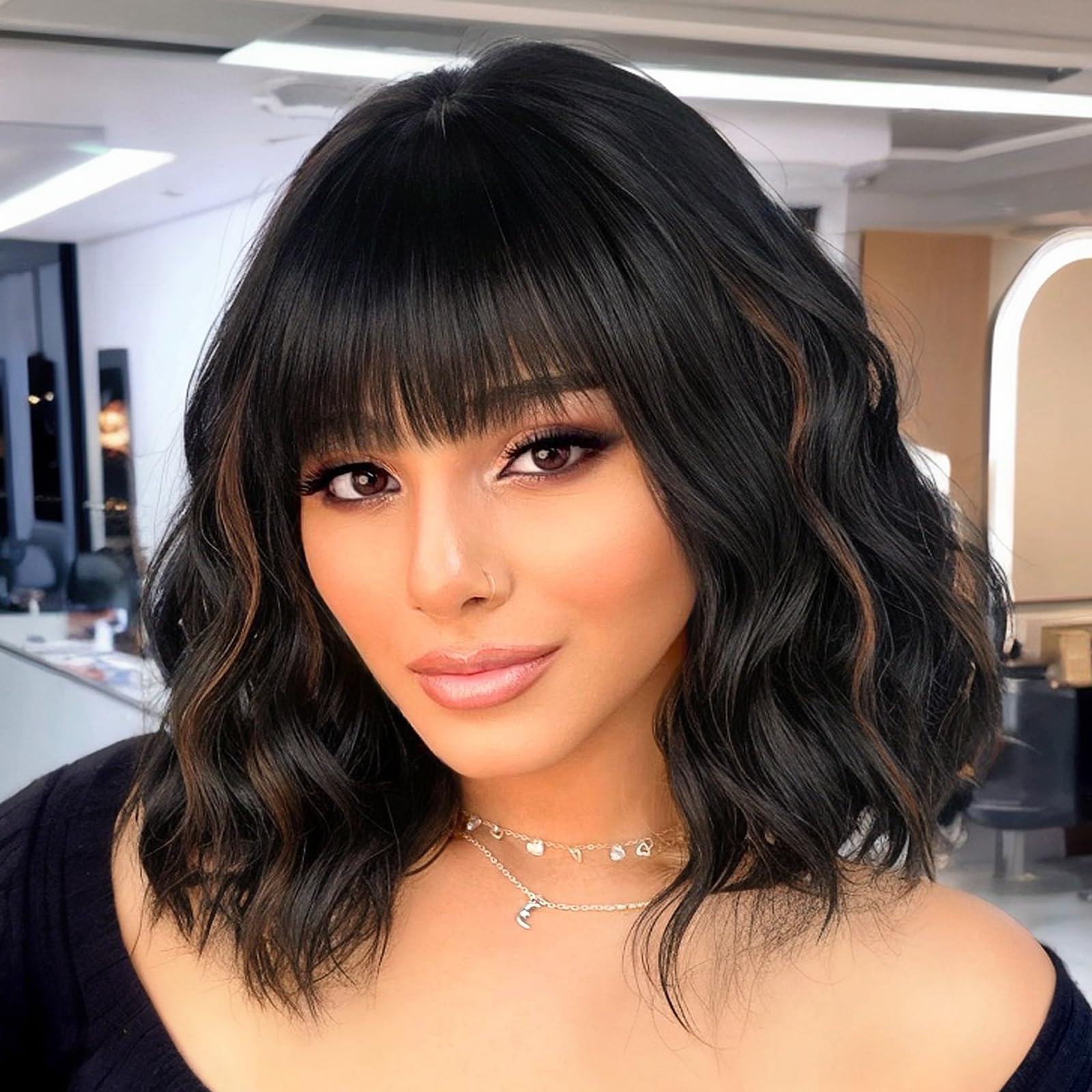 ENTRANCED STYLES Wavy Bob Wigs with Bangs for Women Black Mixed Brown Short Wavy Bob Curly Wig Synthetic Natural Looking Heat Resistant Fiber Wig