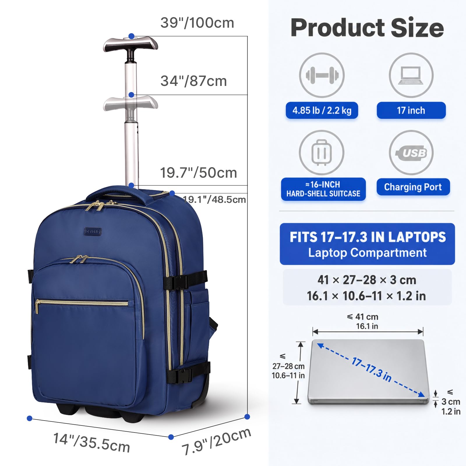 DEVPNR Mochila con ruedas para mujer, mochila de viaje para portátil de 17 pulgadas con ruedas, bajo el asiento avión, bolsa de negocios de noche, Negro oscuro, XL, Negocios, viajes, diario