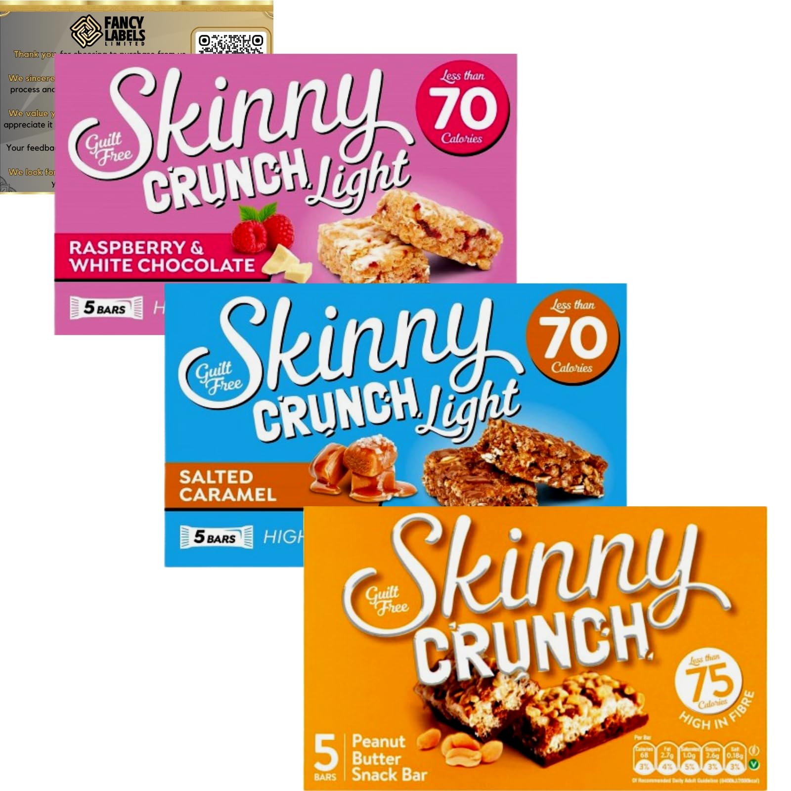 Skinny Crunch Multipack with Light Salted Caramel Bars 5x 19g, Peanut Butter Snack Bars 5x 20g and Light Raspberry & White Chocolate Bars 5x 19g | Suitable for vegetarians | On The Go Snacks