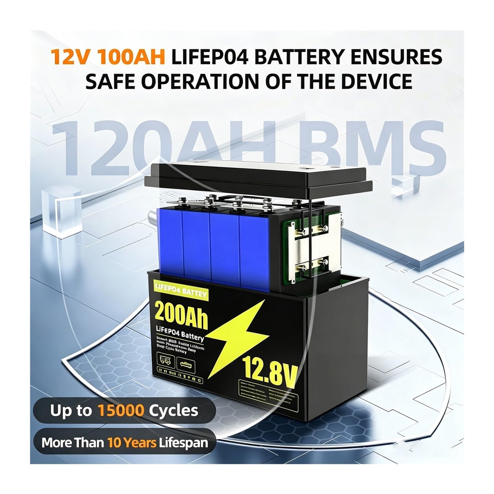Batteria A Ciclo Profondo 12V 200Ah LiFePO4 Batteria 100A BMS | Solare portatile ricaricabile 15000 cicli(12V LiFePO4 120Ah)