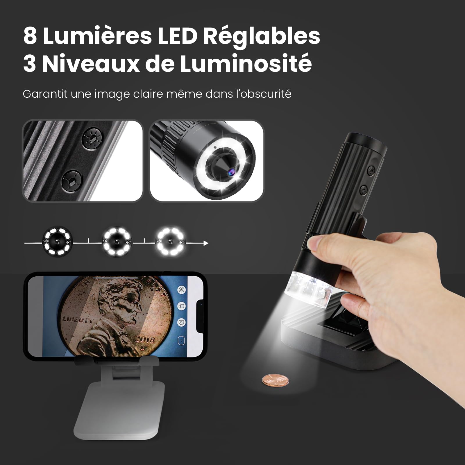 MatataStudio M2C Microscope Numérique sans Fil USB 50X-1000X WiFi 1080P LED Portable avec Support Réglable