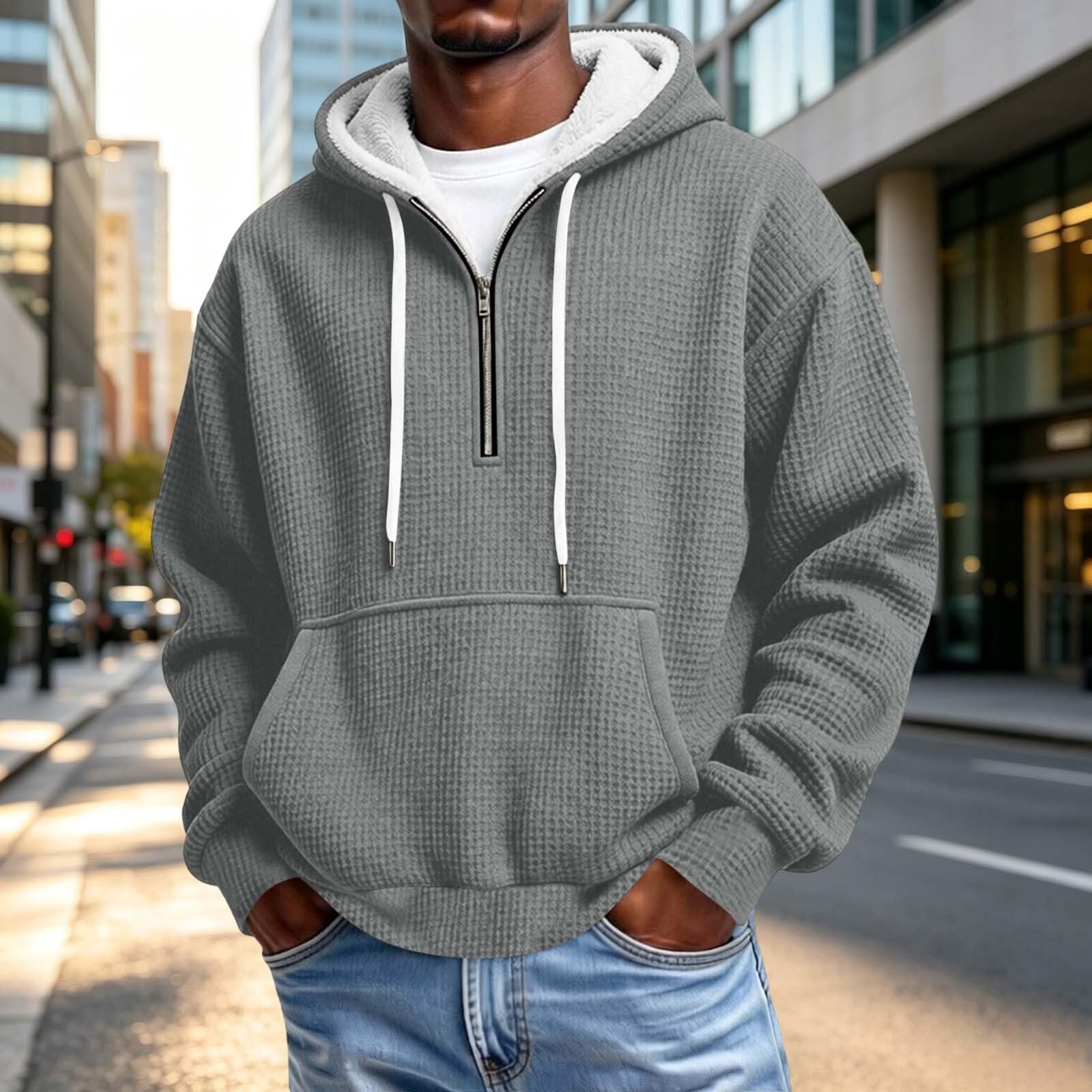 Sweat à Capuche Homme Détail Zippé Uni Manches Longues Sweat-Shirt Casual