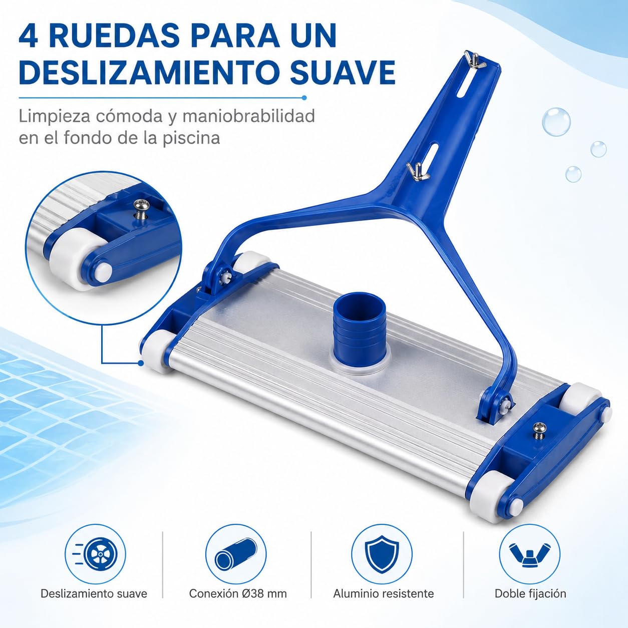 Limpiafondos de aluminio para piscinas - Fijación palomilla - Cepillos de nylon - 4 ruedas - 33 cm Dpool