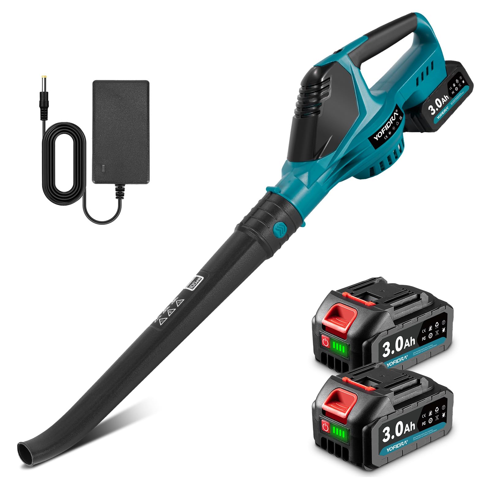 Yofidra Soffiatore Foglie a Batteria 360 km/h, Flusso d'Aria di 480 m³/h, Soffiatore Elettrico a 5 Velocità con 2 Batterie da 3000 mAh, Soffiatore per Foglie a Batteria per Giardino, Patio