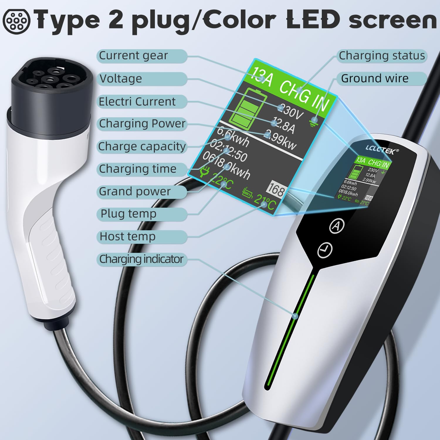 3KW EV Charger Cable Type 2 to 3 Pin Plug 8m/26Ft,Portable UK 3 Pin EV Charger,Electric Car Charger [6/8/10/13A],Car-Charger with LED Display, IP65 Waterproof,Type 2 Cable EVs and PHEV — view 6