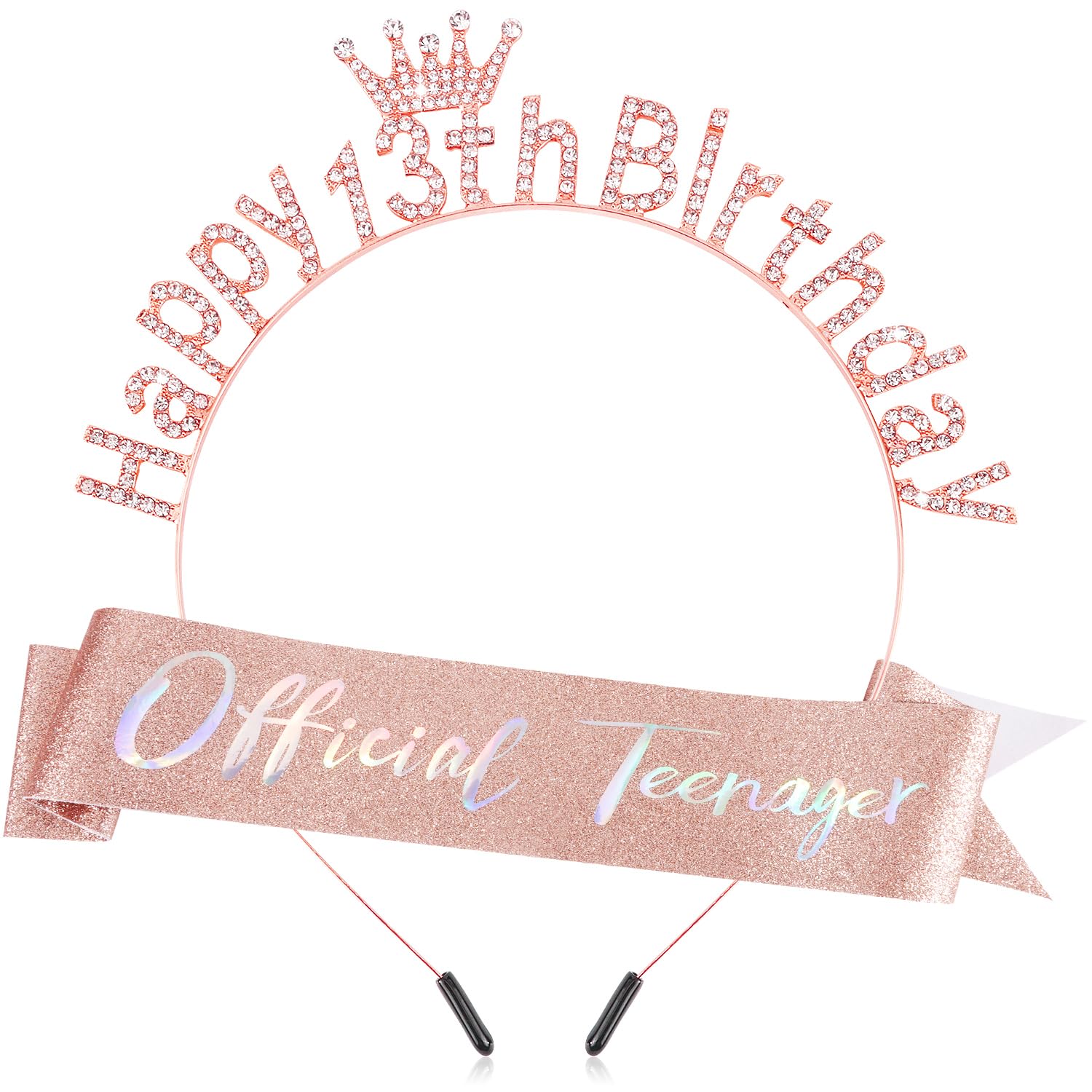 SuPoo 13th Birthday Sash and Crown: Sparkle Tiara & Gorgeous Sash for Teenage Girls' 13th Birthday Party - Pink, Rose Gold