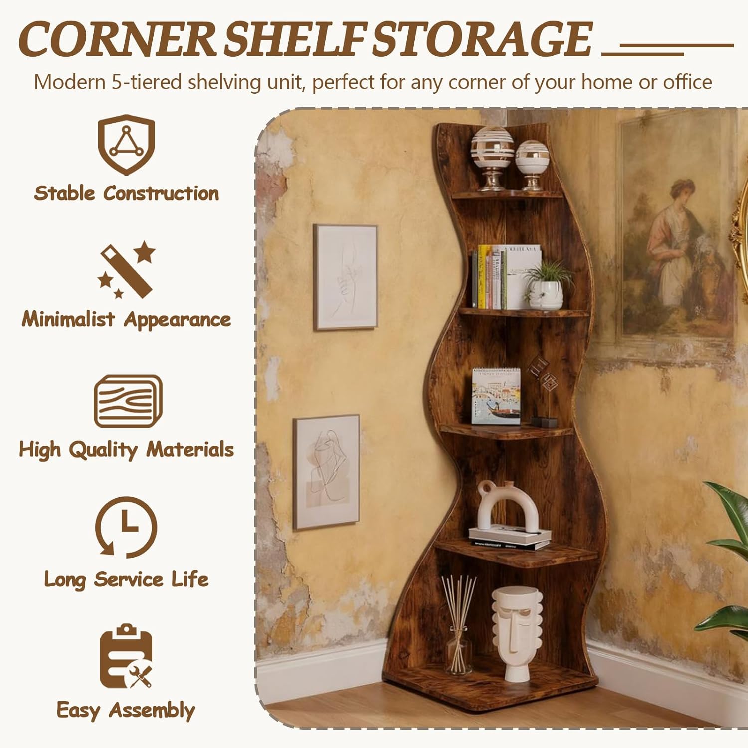 Anwick 5-Tier Wall Corner Bookshelf, 70'' Tall Display Storage Bookcase, Wavy Corner Shelf, Organizer Storage Rack Plant Stand,Floor Standing Bookcase, for Home Office, Living Room, Bedroom (Brown)