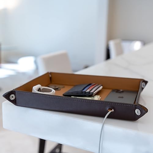 Miniatura 7 de Bandeja grande de cuero genuino Bandeja de cartera de joyería, plato para llaves, mesa de entrada, organizador para hombres, bandeja de noche,