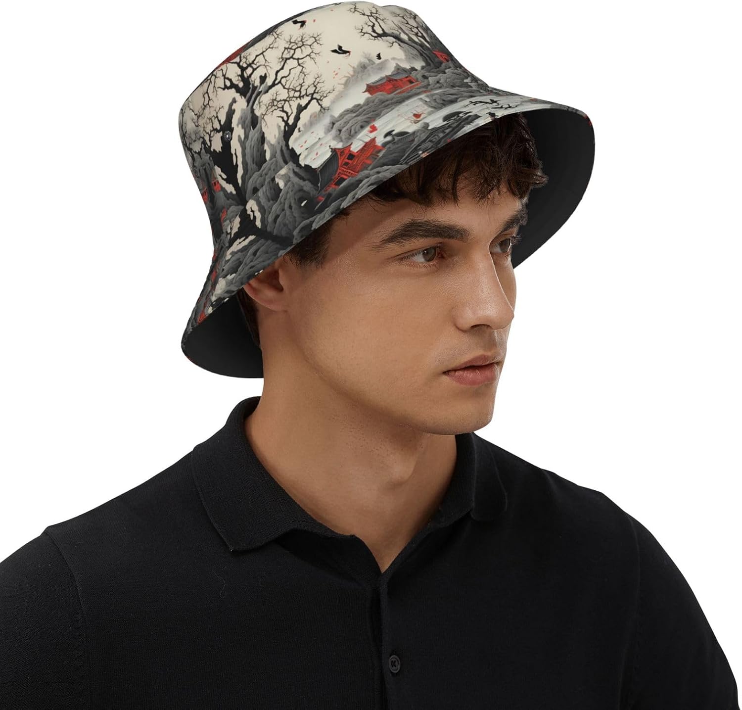 Traditional Landscape Painting Prints Summer Outdoor Travel Bucket hat, a Beach Sun hat Suitable for Both Men and Women Black