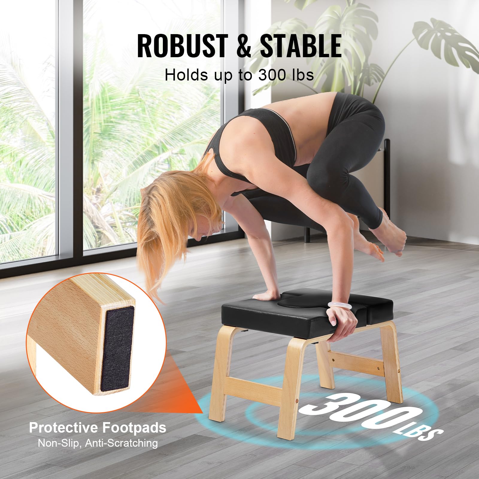 VEVOR Panca per Verticale Yoga Capacità di 136 kg Sedia da Yoga per Inversione per Palestra di Famiglia, Struttura in Legno, Cuscinetto in PU, per Allenamento di Forza Equilibrio, Allevia Fatica, Nero