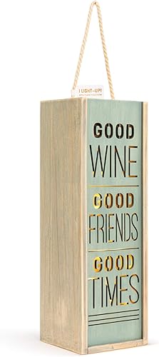 Demdaco Good Wine Good Friends Good Times Sage Green LED 14 x 4.5 Madera de pino Botella de vino Accesorio Linterna