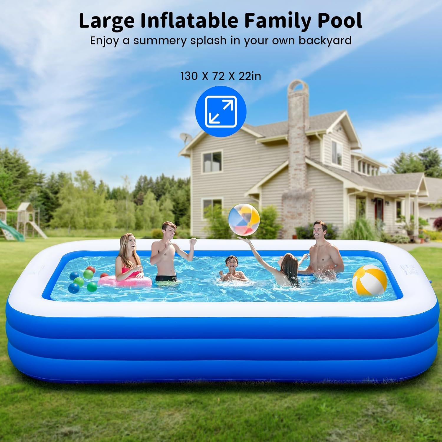 Large Inflatable Pool for Adults - 130"x 72" x 22" Oversized Thickened Family Blow Up Pool, Big Swimming Pool with Pump for Backyard Garden Summer Water Party