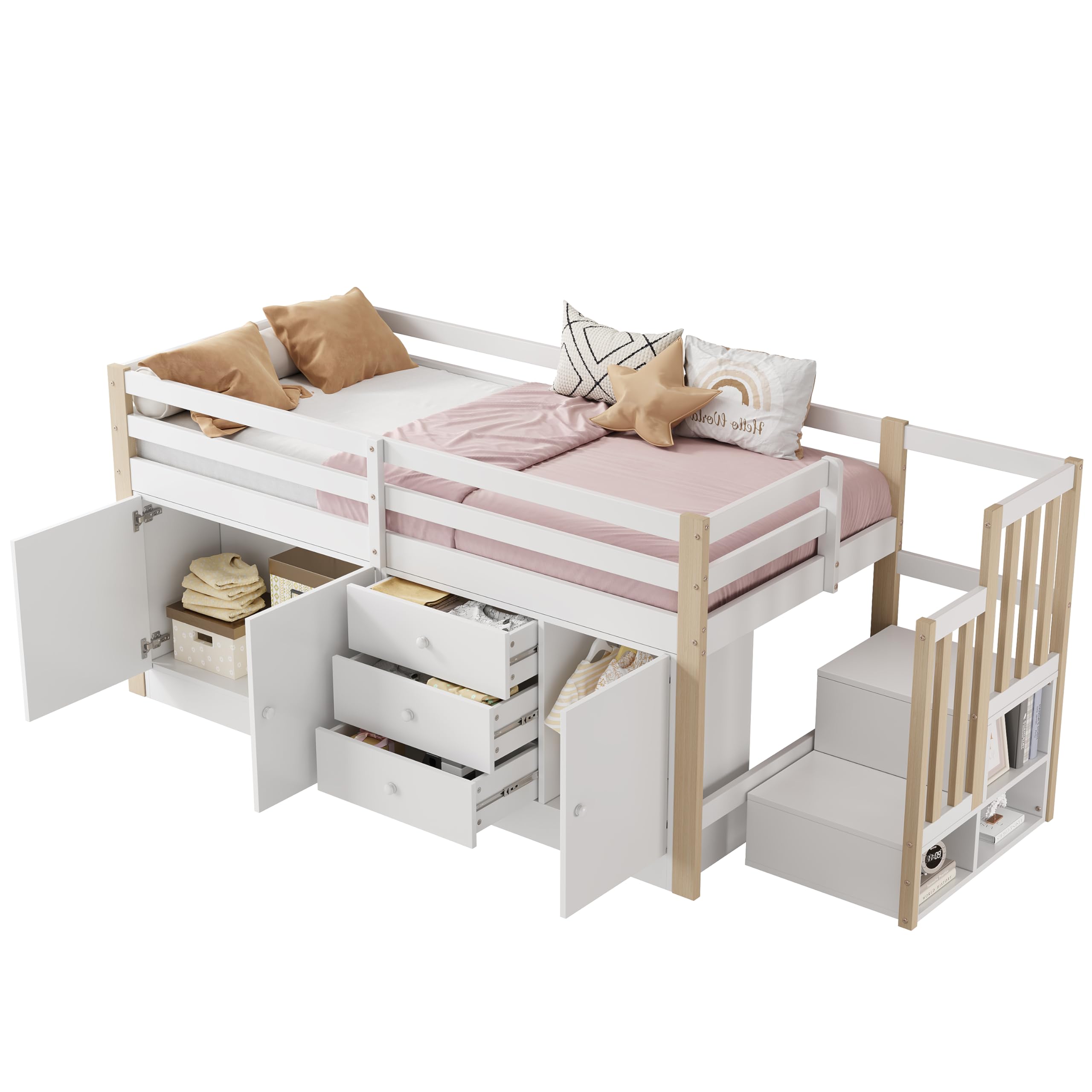 Letto A Soppalco Per Bambini 90x200 Cm - Con Scala, Ripiano E Rete | Design Sicuro E Stabile