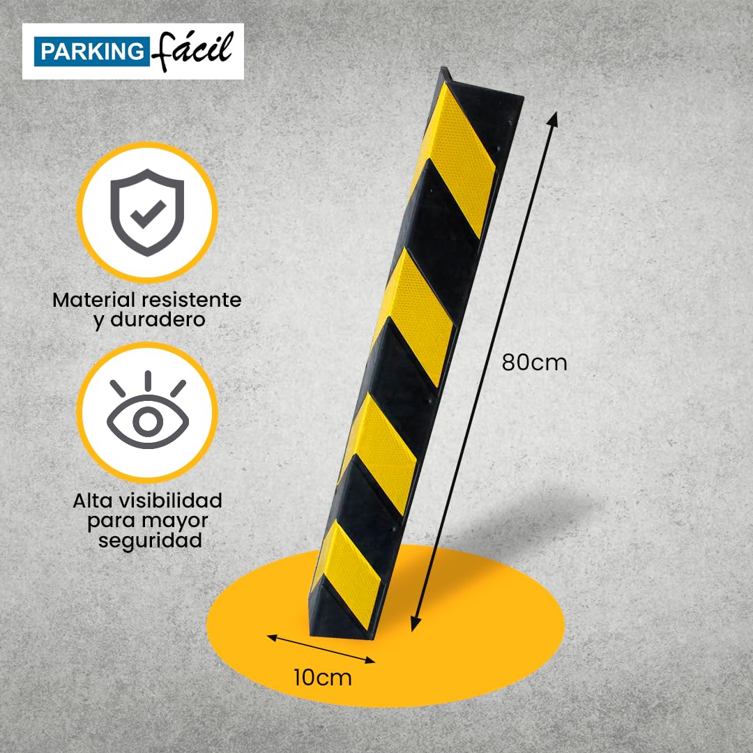 PARKING FACIL | Protector de Esquina de Goma | Para Aparcamientos y Almacenes | Color: Negro y Amarillo | Tamaño: 80 x 10 x 10 cm | Grosor: 8mm | Incluye Tornillería | 2 Unidades