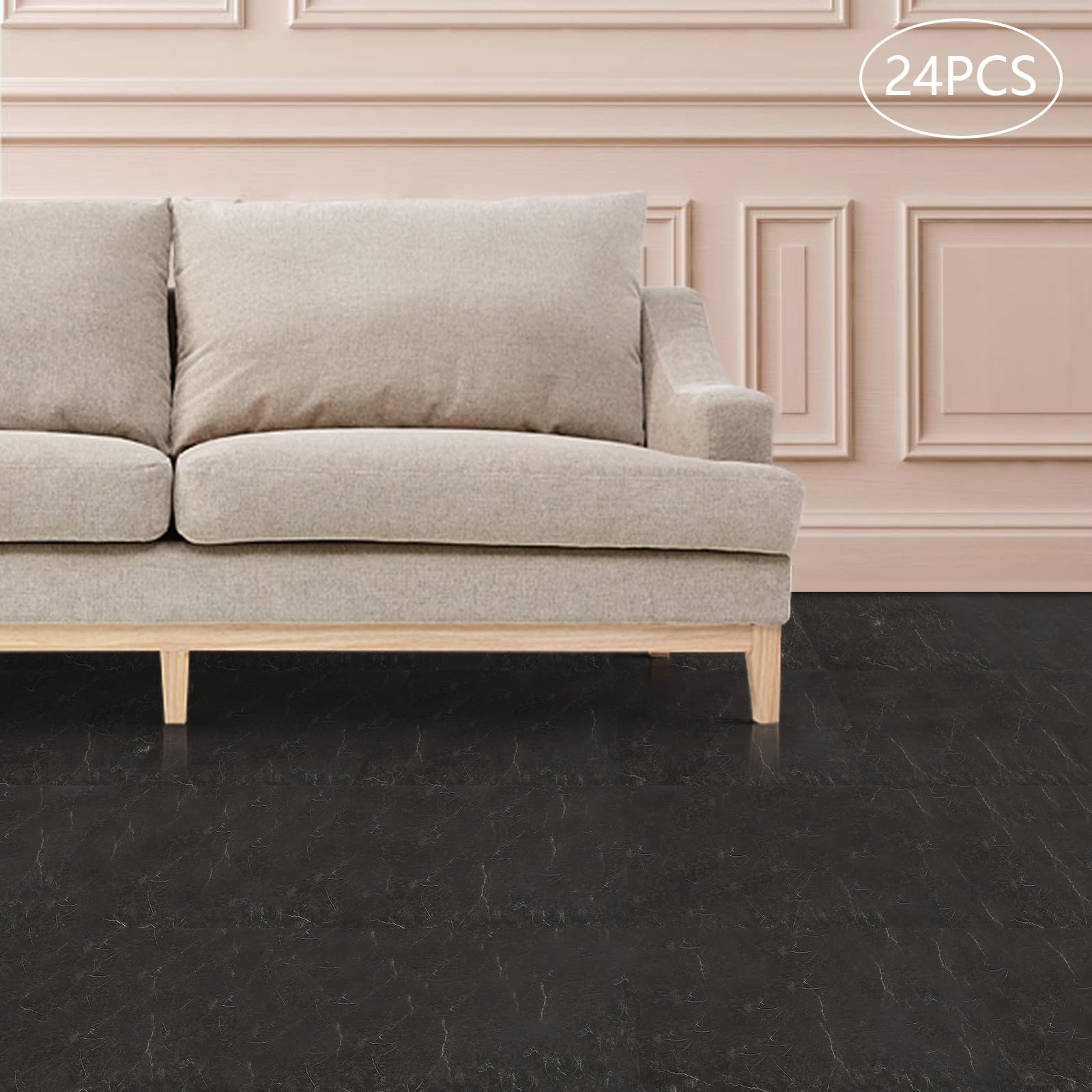 Baldosas autoadhesivas de PVC, 24 unidades (60 x 30 cm), 1,3 mm de grosor (aproximadamente 4,32 ㎡ de superficie de cubierta), color negro, grano de piedra, impermeable, moderno, para cocina y baño