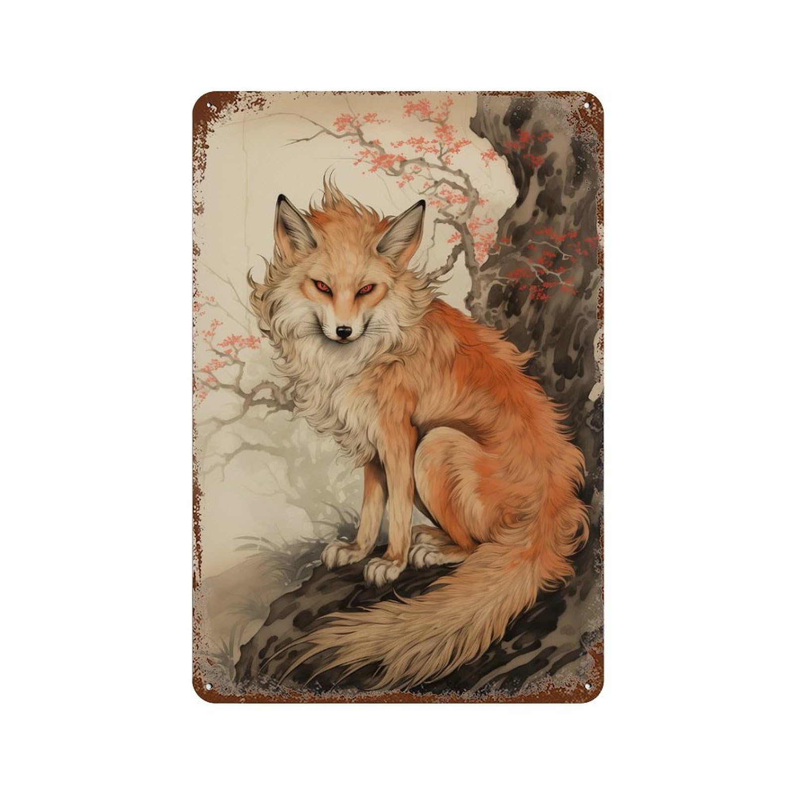 Weathered Tin Sign with Japan Fox Design 11.8"x7.9", for Office, Studio And Wall Decor, Retro Wall Decor