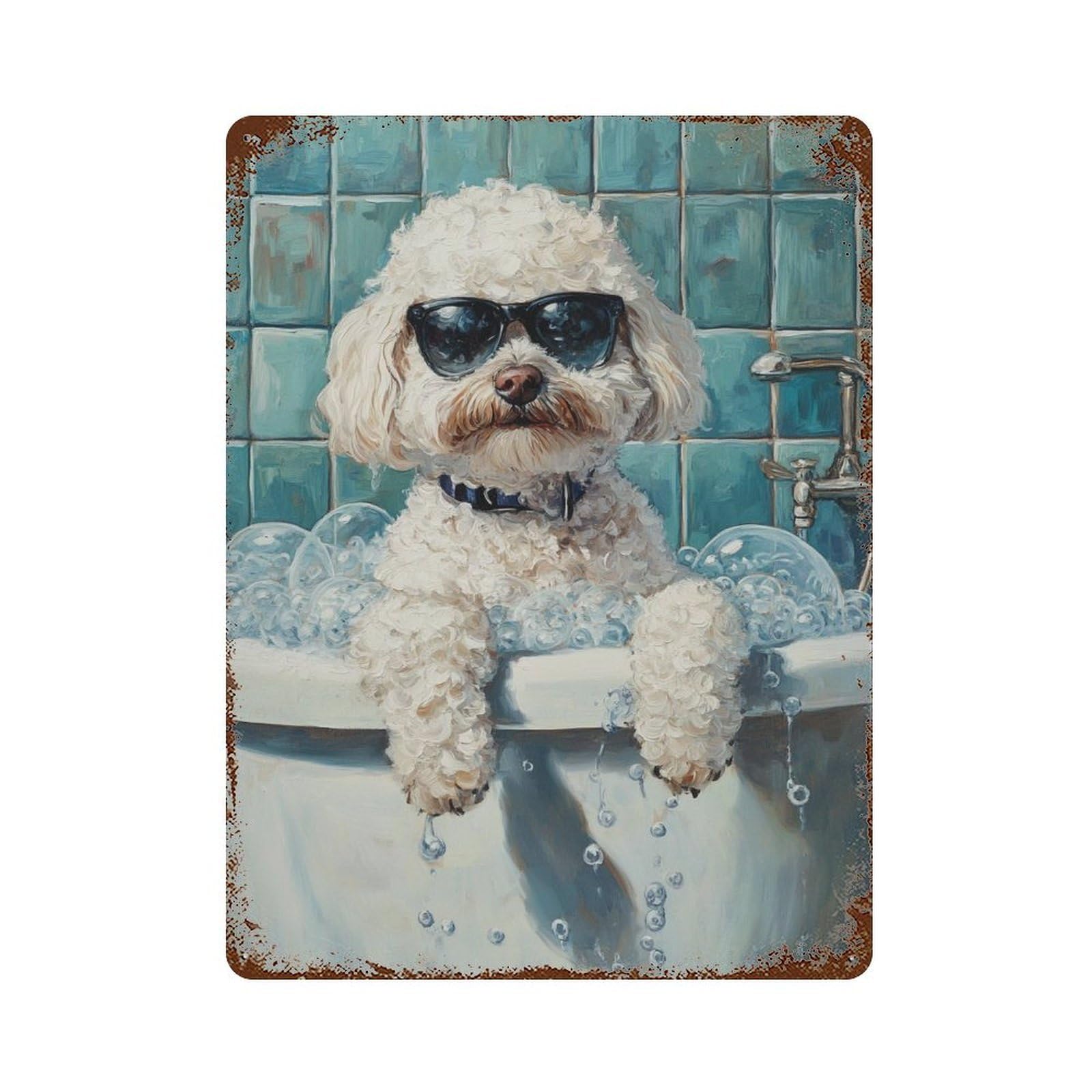 Poodle in Bathtub with Sunglasses Rusty Metal Tin Sign 15.7"x11.8", Old School Wall Decor for Garage, Pub Or Kitchen