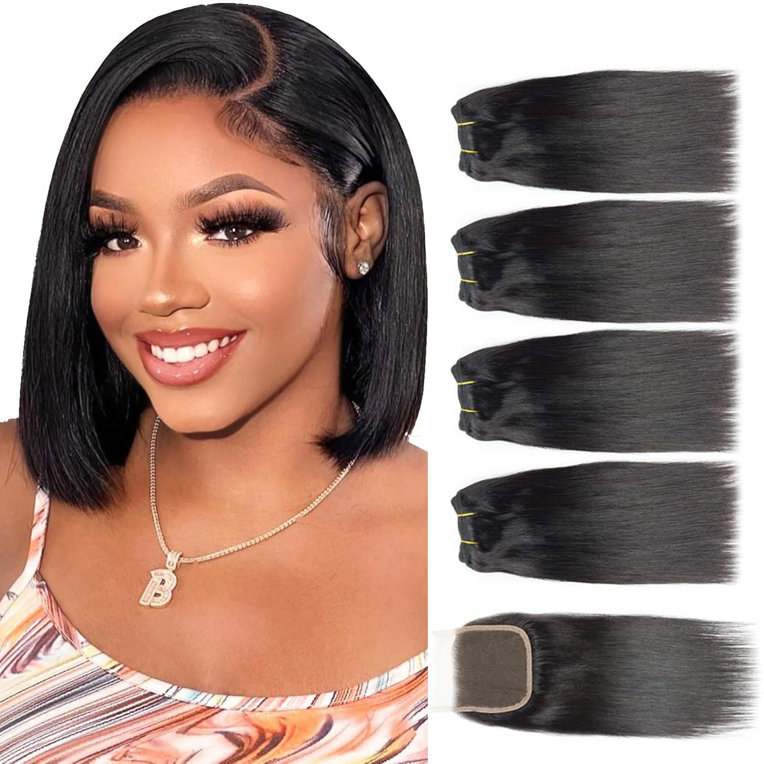 Selina Straight Human Hair Bundles With Closure 8 8 8 8+8 Inch 4x4 Lace Closure 100% Brazilian Virgin Human Hair 4 Bundles Wiht Closure Deals Hair Extensions Qucik Weave Bundles Natural Black