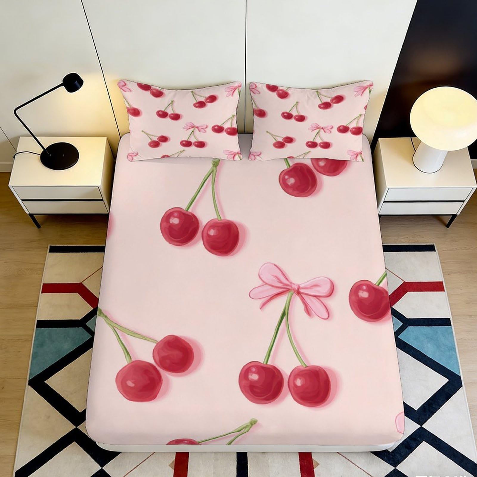 3D Printed Cherry Pattern Fitted Sheet Microfiber Pink Fruit Design Bed Cover for Bedroom Guest Room Dorm Decor 90x200x25cm