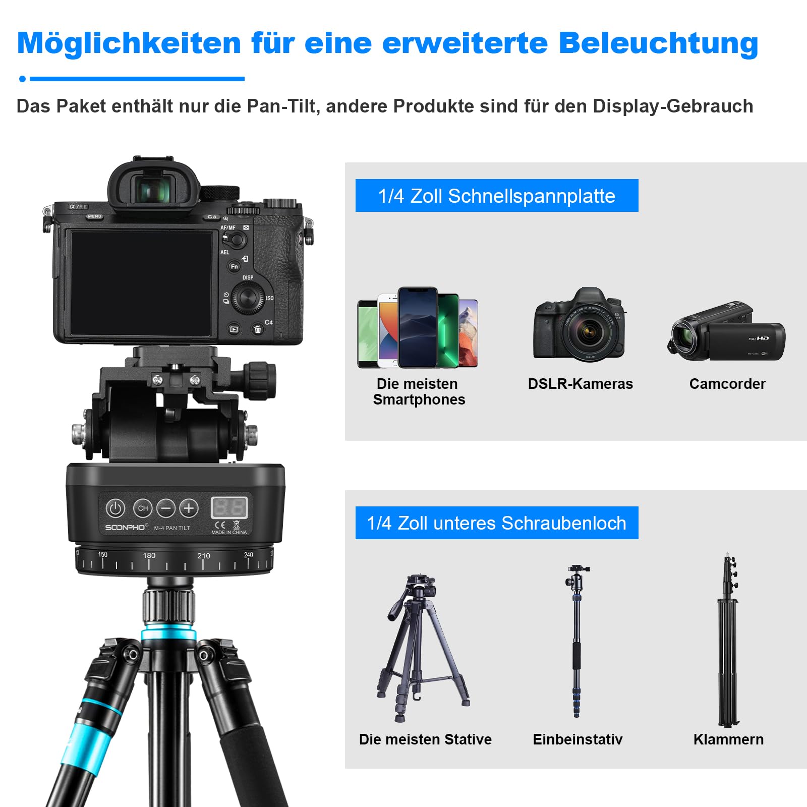 Soonpho M4 Panorama Stativkopf Motorisierter Kopf Kameras Remote Control Pan Tilt Motorized Head 360 Grad Erehbarer Elektrischer mit Telefonklemme und Fernbedienung für DSLR-Kameras,Smartphones