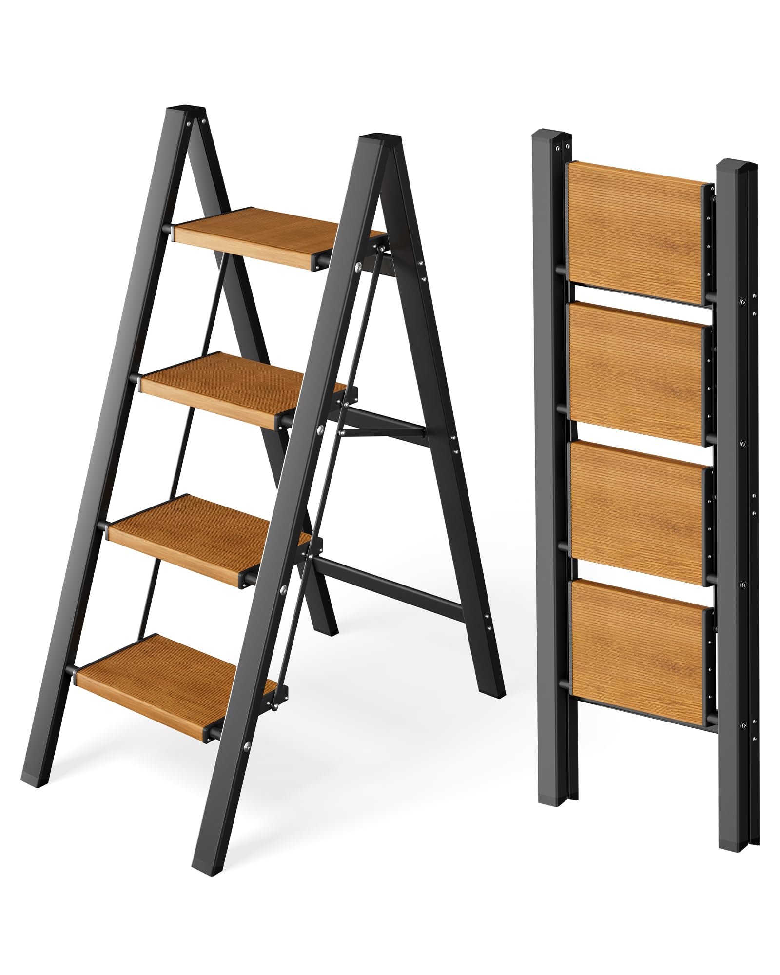 Escalera Plegable de 4 peldaños, Capacidad de 150 kg con Pedal Antideslizante, Taburete portátil de Aluminio, fácil de Guardar, Interior y Exterior, Aspecto estético, Aspecto de Madera