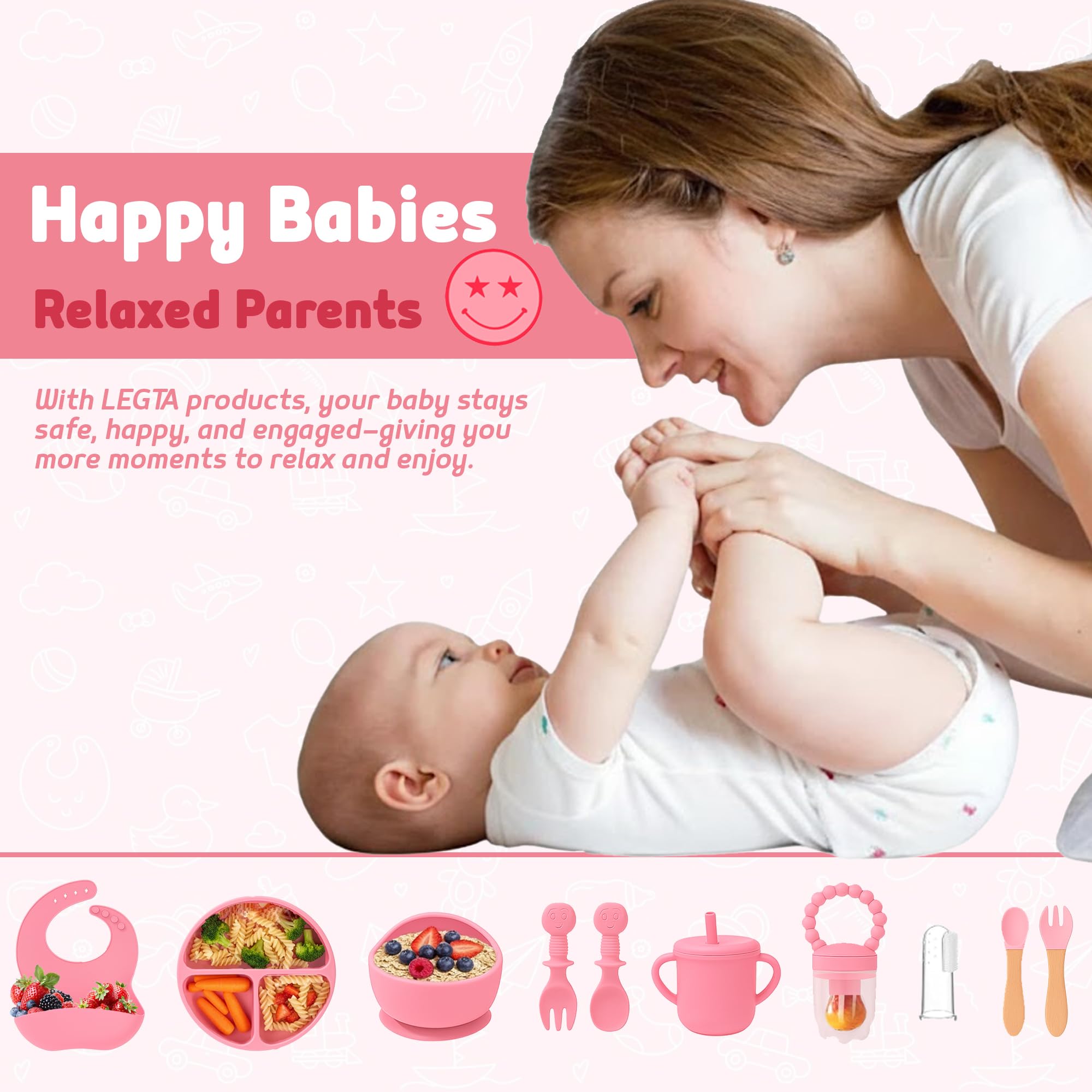 Set per lo svezzamento del bambino, in silicone rosa, con piatto, ciotola, tazza, cucchiaio, forchetta, bavaglino, 11 pezzi, per uso alimentare, lavabile in lavastoviglie (rosa)