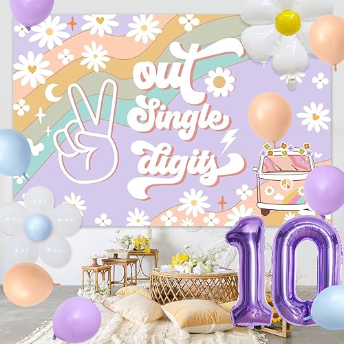 Miniatura 4 de 85 decoraciones de cumpleaños Groovy 10 cumpleaños, decoración de fiesta de un solo dígito morado para niñas, decoración de fiesta de un solo dígito