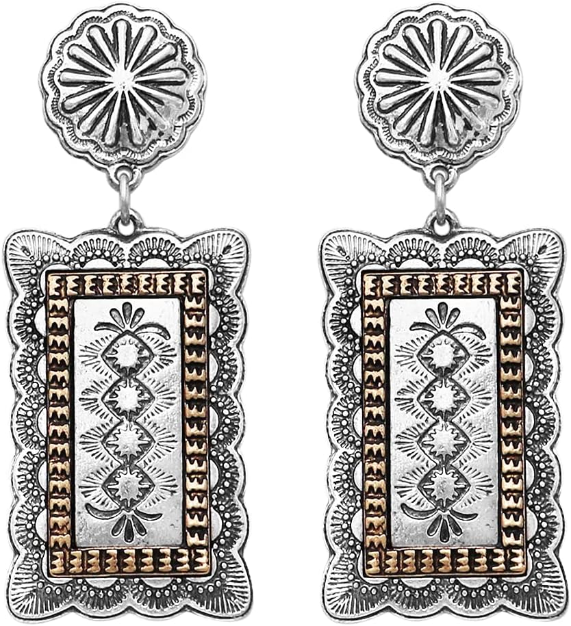 Rosemarie & Jubalee Women's Cowgirl Chic Unique Two Tone Western Textured Rectangular Concho Statement Earrings,2.75"