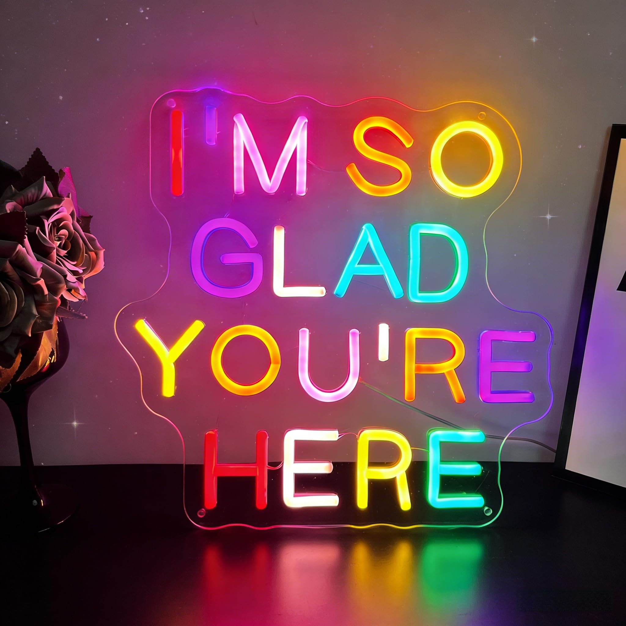 I'm So Glad You're Here Neon Sign Mutilcolorful for Wall Decor USB Powered Adjustable Brightness Dimmable LED Neon Signs for Bedroom Inspirational Letter Neon Light for Office Classroom Home Bar