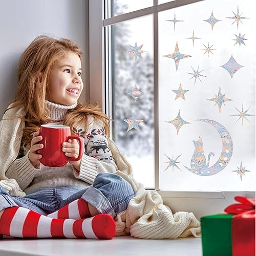 Miniatura 2 de Shawula Cat Moon y 54 piezas de calcomanías de ventana de estrella  Calcomanías anticolisión para ventana para salvar a los pájaros de colisiones de