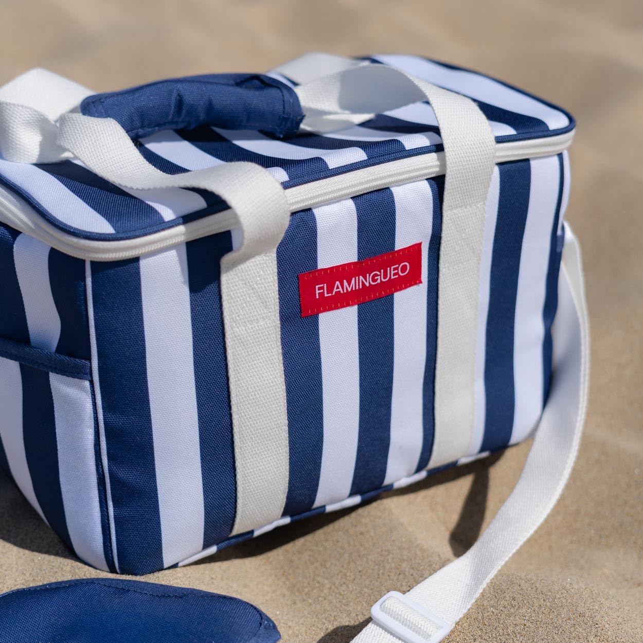 Flamingueo Sac Isotherme - Pour la Plage, Piscine, Camping - Capacité 12L - Conserve le Froid 4 Heures - Nombreuses Poches - Doubles Poignées - Polyester - Bleu Marine