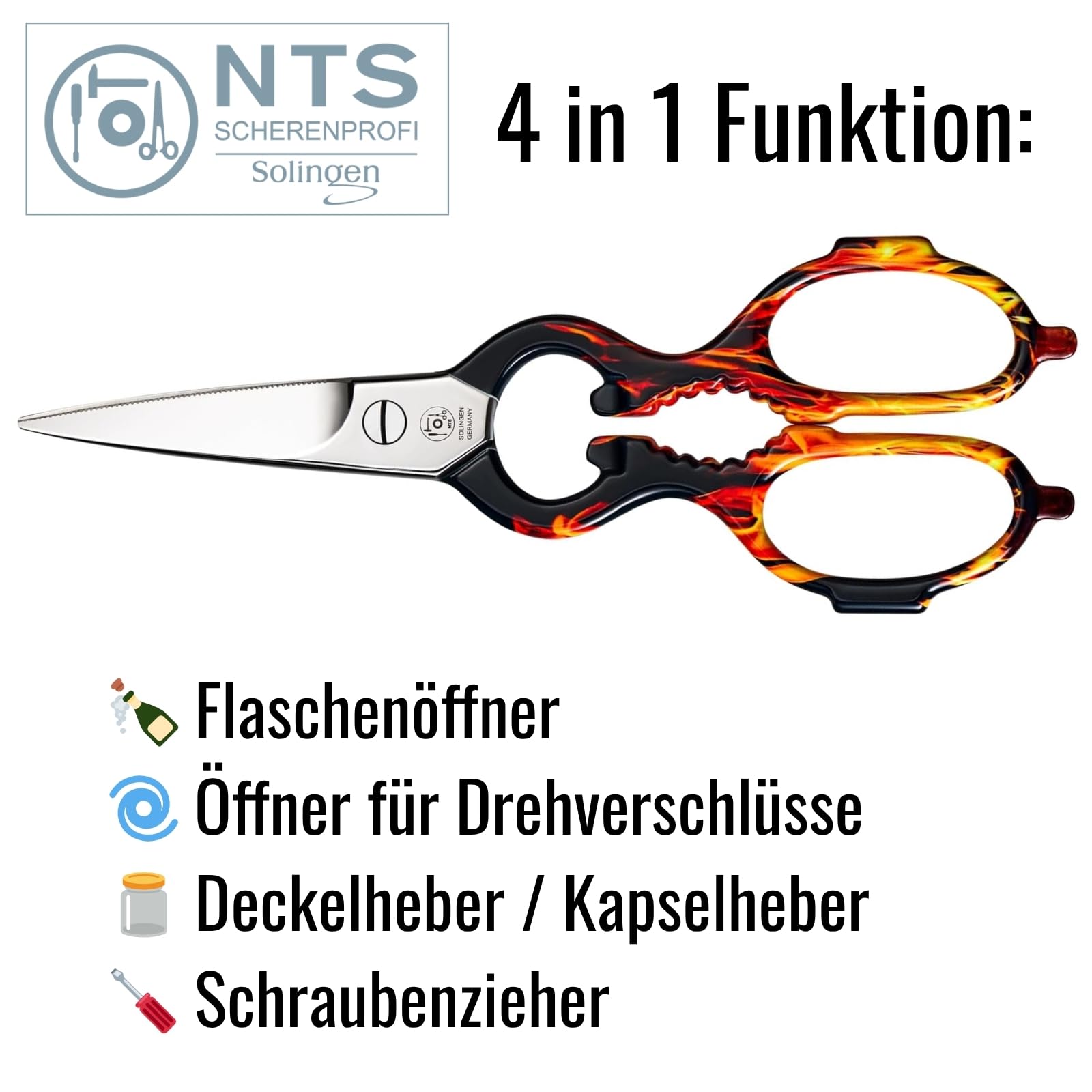 NTS Solingen Tijeras de cocina forjadas de acero inoxidable, edición BBQ Edition, fabricadas en Alemania, tijeras domésticas de alta calidad adecuadas para diestros y zurdos, tijeras afiladas para la