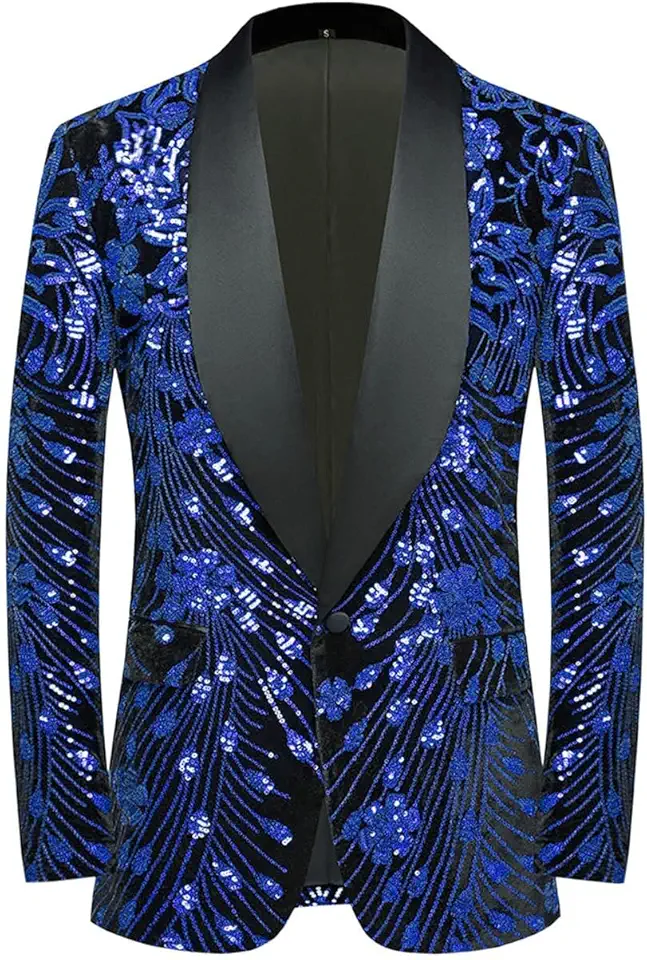 Pyiujtr Men's Sequins Velvet Shawl Lapels Stage Party Prom Wedding Dinner Suit Jacket Blazer