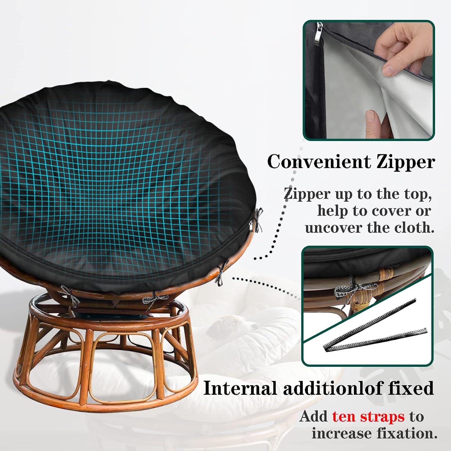Papasan Cushion Cover Waterproof Only,(for 47in-55in Outdoor Indoor Papasan Chair Cushion Covers) Black, Zipper Design for Easy Closure and Removal, Silky Smooth Fabric