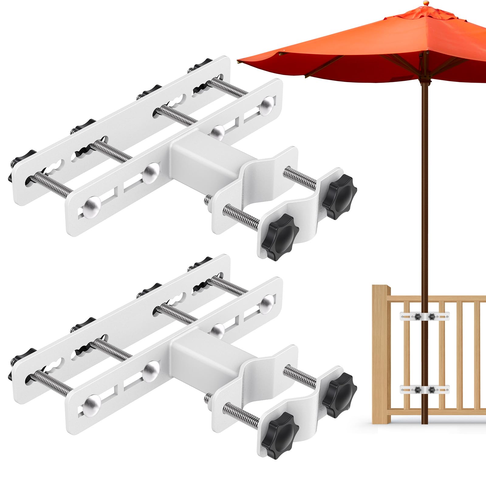 Dolibest Sonnenschirmhalter Balkongeländer, Terrassenschirm Halterung Balkon Befestigung Verstellbar Metall Schirm Balkonklammer Platzsparend Klemme für 5.6cm Stange, bis 6.6-6cm Geländer