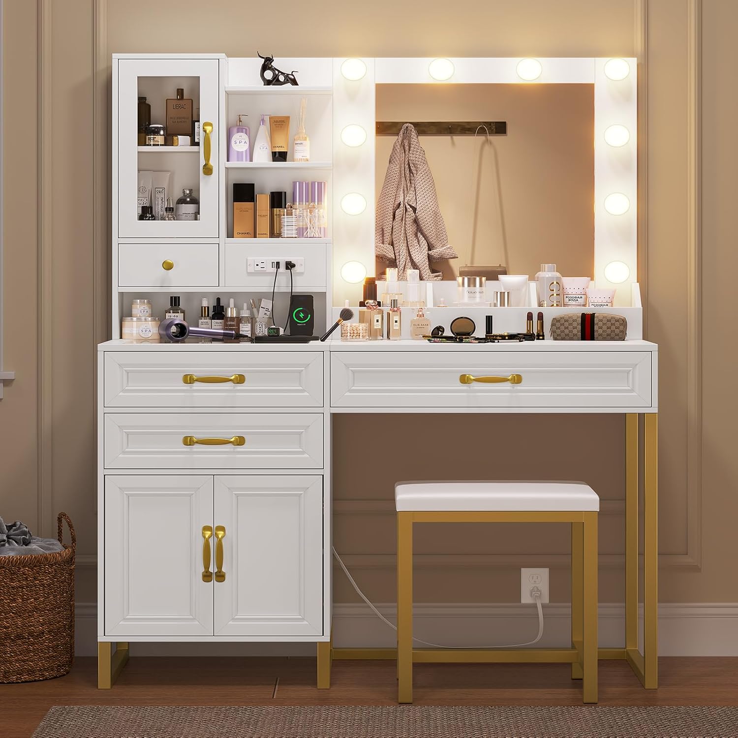 Vanity Desk with Mirror & Lights, Upholstered Stool & Power Outlet, Makeup Vanity Set with Glass Top Drawers, Shelves & Cabinets, Modern White & Gold