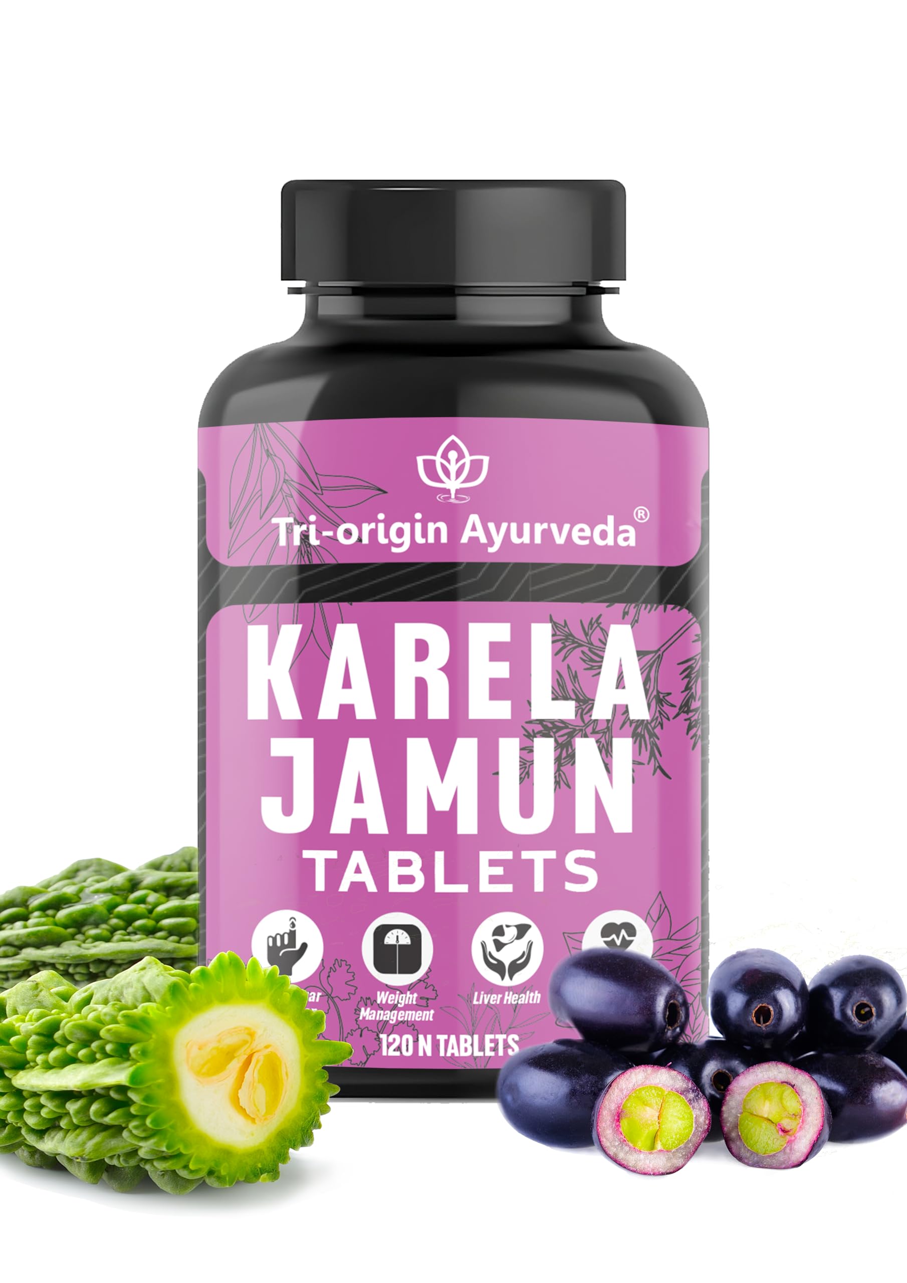 Tri - Origin Ayurveda Karela & Jamun 1000mg Herbal Mix | Ayurvedic Supplements to Support Healthy Blood Sugar & Glucose Levels | Potent Natural Ingredient Blend (120 count (Pack of 1))